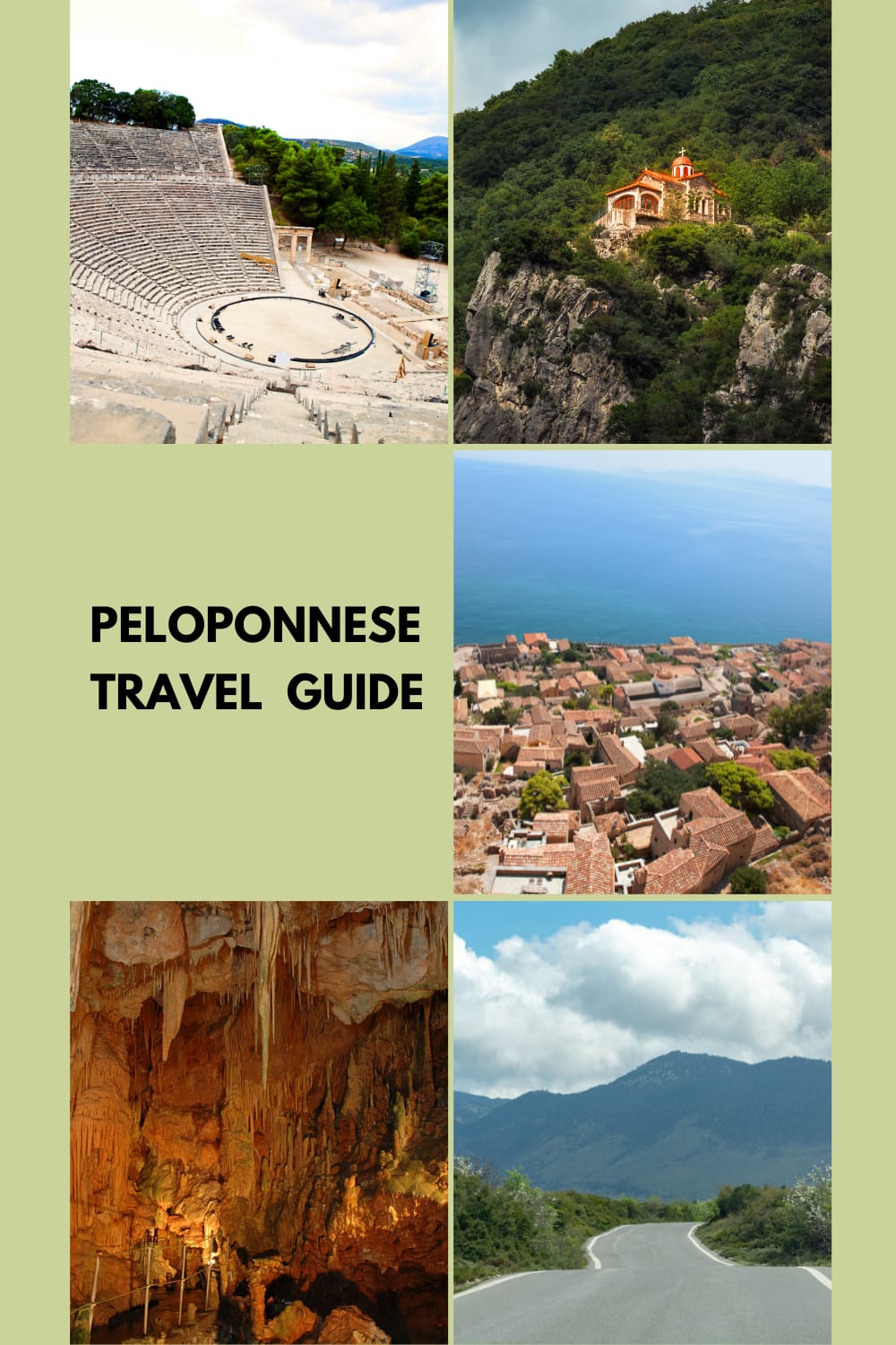 Peloponnese Greece travel collage with Corinth Canal, Voidokilia Beach, ancient ruins and a historic seaside town